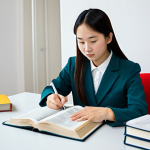 A focused young adult student, fully clothed in modest, comfortable professional attire, diligently studying a Chinese language textbook. They are seated at a clean, well-organized desk in a modern, brightly lit study nook, with a tablet displaying a language learning application beside the textbook. The scene exudes a quiet, academic atmosphere. The lighting is soft and natural, emphasizing concentration. Perfect anatomy, correct proportions, natural pose, well-formed hands, proper finger count, natural body proportions, professional photography, high quality, safe for work, appropriate content, family-friendly.
