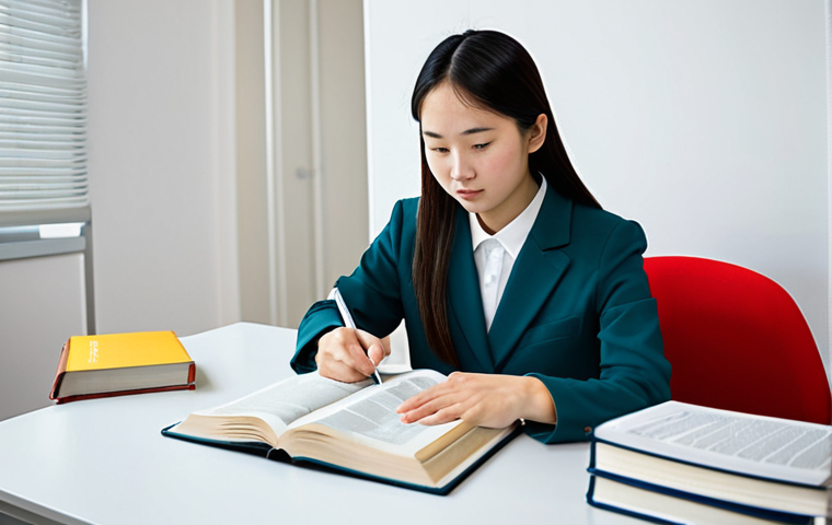 A focused young adult student, fully clothed in modest, comfortable professional attire, diligently studying a Chinese language textbook. They are seated at a clean, well-organized desk in a modern, brightly lit study nook, with a tablet displaying a language learning application beside the textbook. The scene exudes a quiet, academic atmosphere. The lighting is soft and natural, emphasizing concentration. Perfect anatomy, correct proportions, natural pose, well-formed hands, proper finger count, natural body proportions, professional photography, high quality, safe for work, appropriate content, family-friendly.