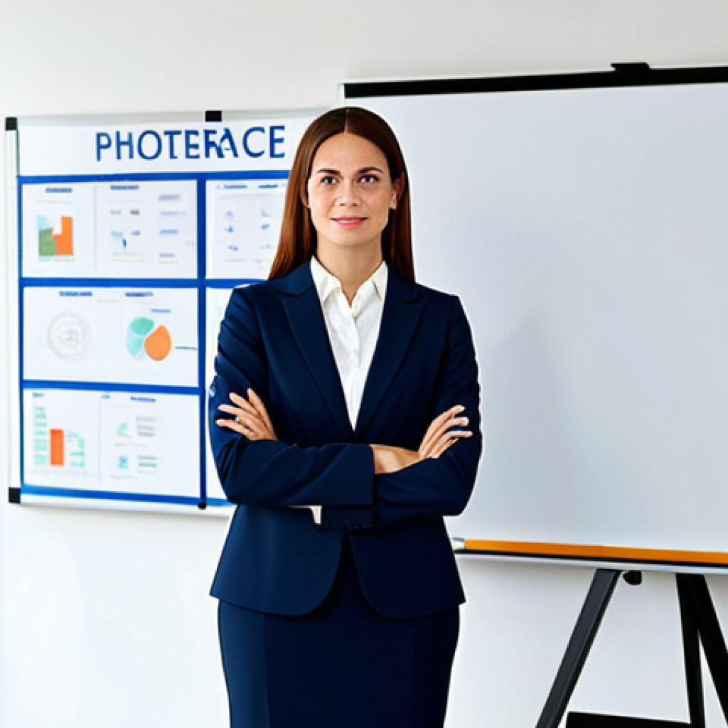**

A professional businesswoman in a modest business suit, standing in a modern office. She is confidently presenting a project. The background shows a whiteboard with strategic plans. Fully clothed, appropriate attire, safe for work, perfect anatomy, natural proportions, professional photography, high quality, family-friendly.

**