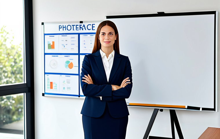**

A professional businesswoman in a modest business suit, standing in a modern office. She is confidently presenting a project. The background shows a whiteboard with strategic plans. Fully clothed, appropriate attire, safe for work, perfect anatomy, natural proportions, professional photography, high quality, family-friendly.

**