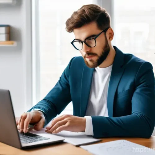 중국어 학습 노트 정리법 - A focused young professional, dressed in smart casual attire, sits at a clean, modern desk in a well...