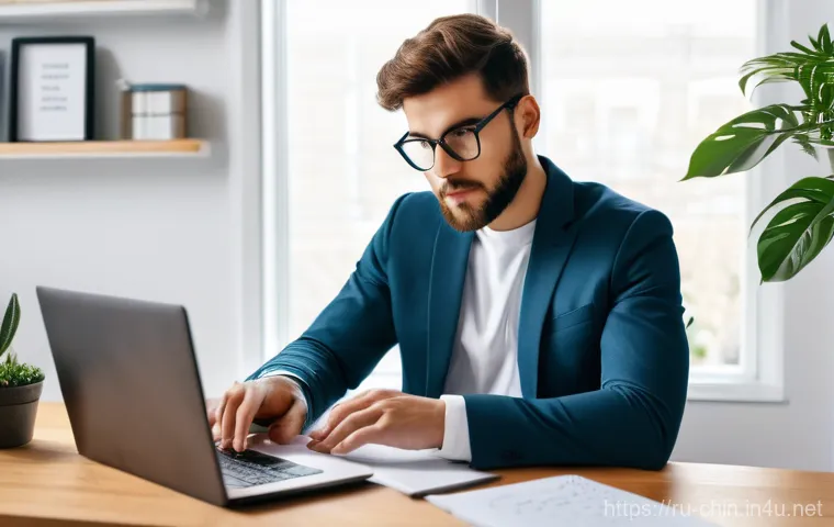 중국어 학습 노트 정리법 - A focused young professional, dressed in smart casual attire, sits at a clean, modern desk in a well...