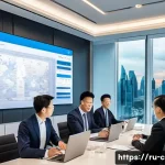 중국어를 활용한 취업 전략 - A professional office scene showing a diverse group of businesspeople engaged in a meeting focused o...
