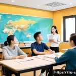 중국어 회화책 추천 - A cozy modern classroom scene where a diverse group of adult students is engaged in a conversational...