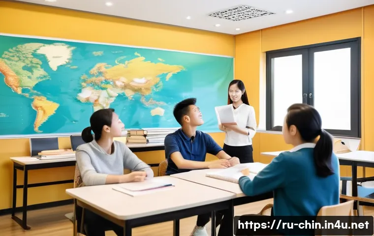 중국어 회화책 추천 - A cozy modern classroom scene where a diverse group of adult students is engaged in a conversational...