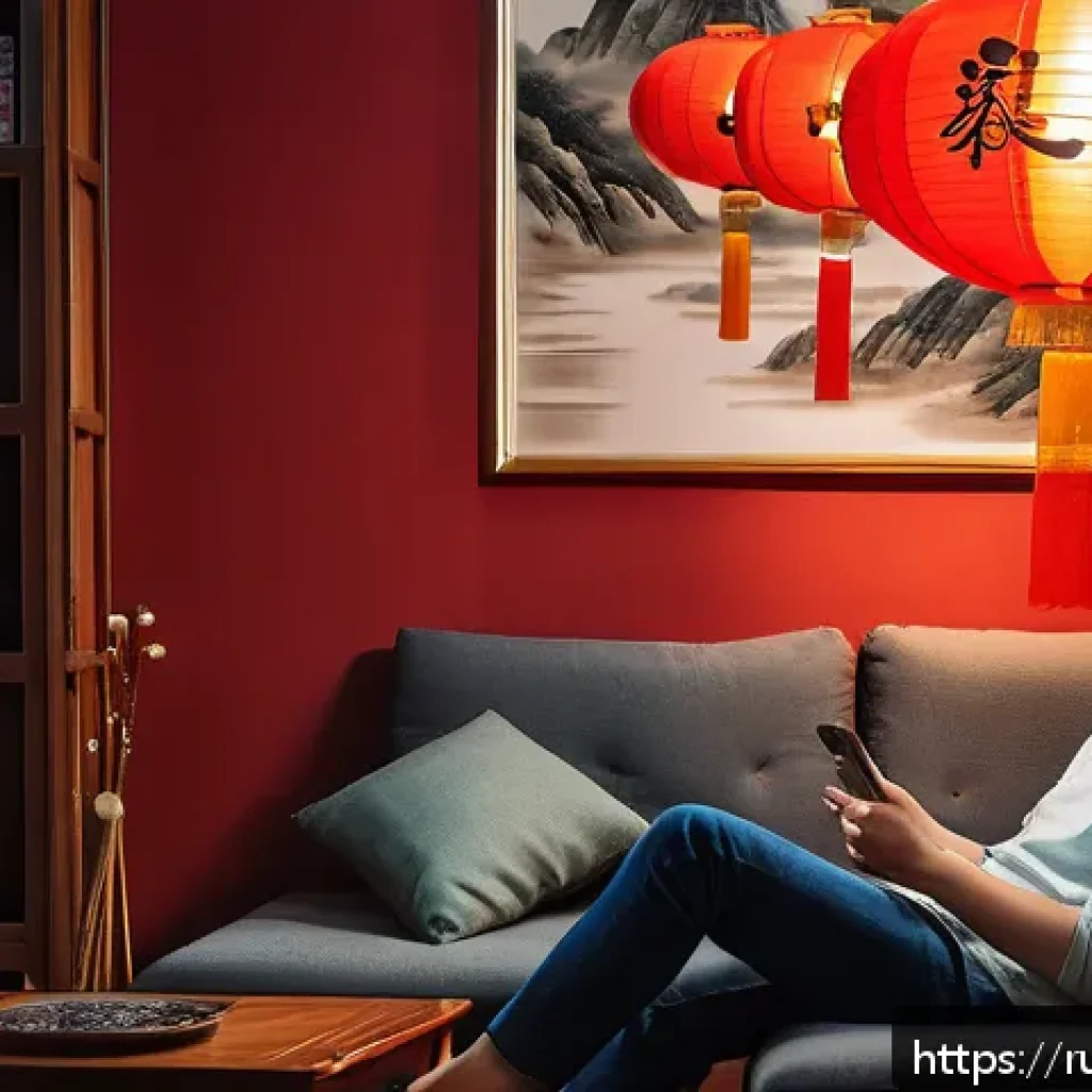 중국어 회화 실전 연습 - A cozy indoor scene showing a young adult Russian learner sitting comfortably on a sofa, watching a ...