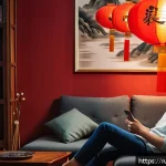 중국어 회화 실전 연습 - A cozy indoor scene showing a young adult Russian learner sitting comfortably on a sofa, watching a ...