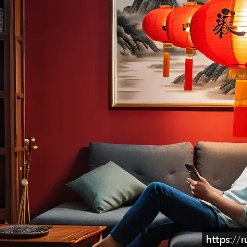 중국어 회화 실전 연습 - A cozy indoor scene showing a young adult Russian learner sitting comfortably on a sofa, watching a ...