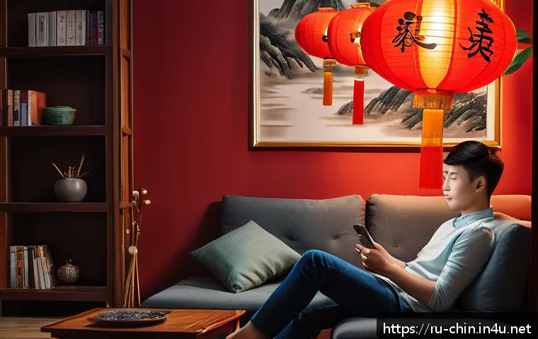중국어 회화 실전 연습 - A cozy indoor scene showing a young adult Russian learner sitting comfortably on a sofa, watching a ...