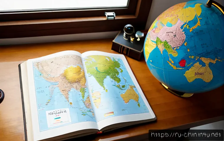 Home 17 중국어를 사용하는 국가 및 지역 - Photorealistic overhead scene of a clean wooden desk with an unlabeled East and Southeast Asia map, ...